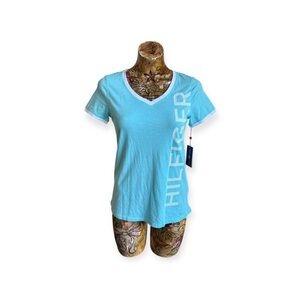 Tommy Hilfiger Sport top tshirt tee shirt v neck short sleeve blue new small